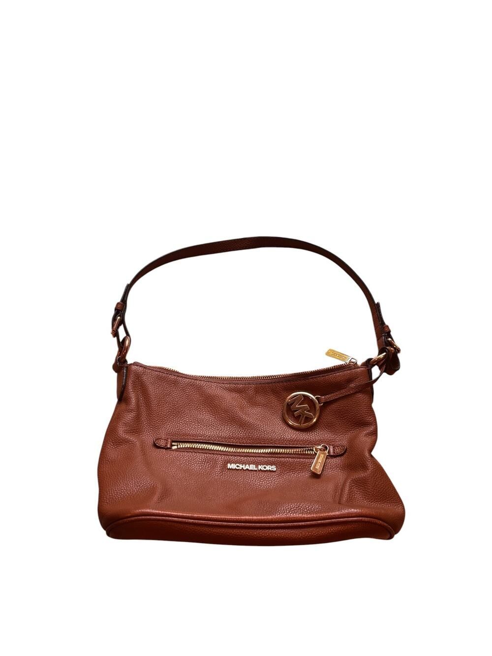 Michael Kors Pebbled Leather Crossbody Bag — Luggage Tan, Gold MK Logo Charm